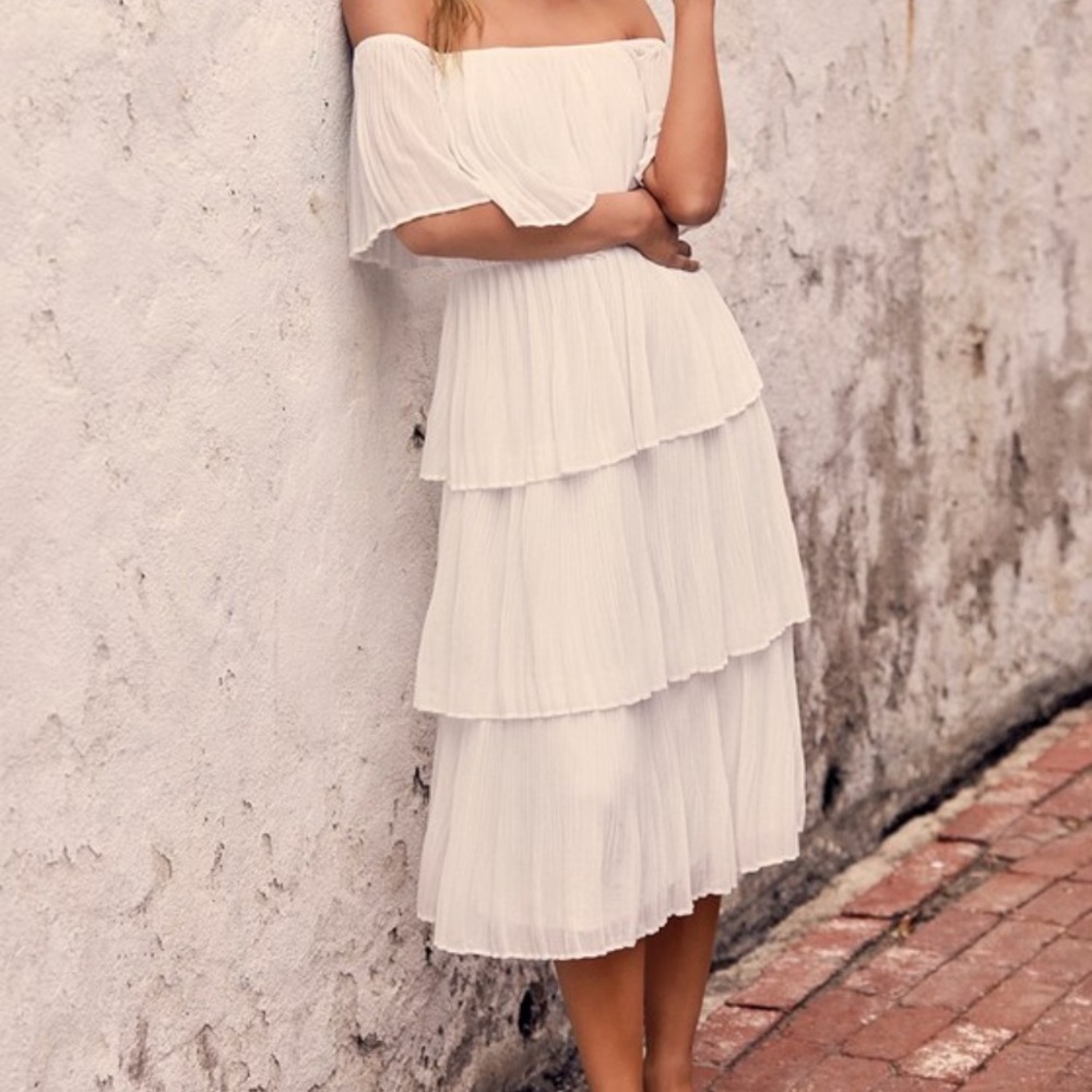 White off the shoulder pleated midi dress
